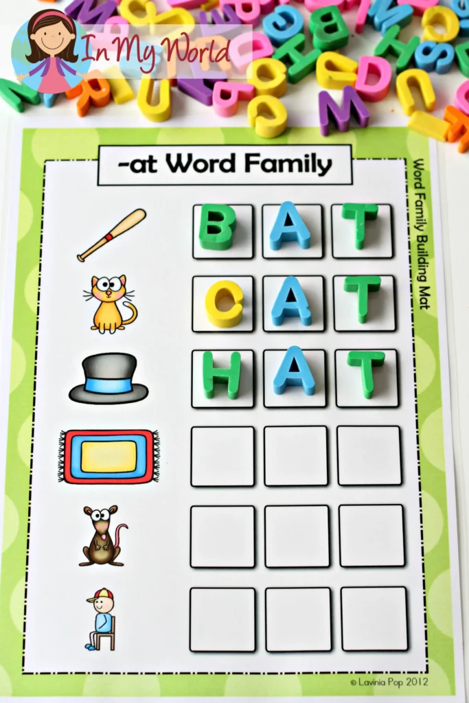 CVC Word Family Building Mat for Kindergarten | Word family activity where children build -at words using letter manipulatives to practice phonics skills. Free printable available on the blog.