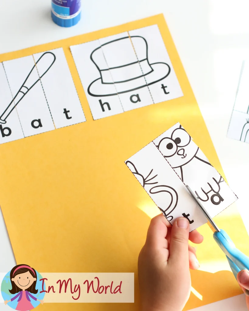 CVC Word Family Picture Puzzle Activity | Hands-on word family puzzle where children cut and assemble pictures that match CVC words. Free printable available on the blog.