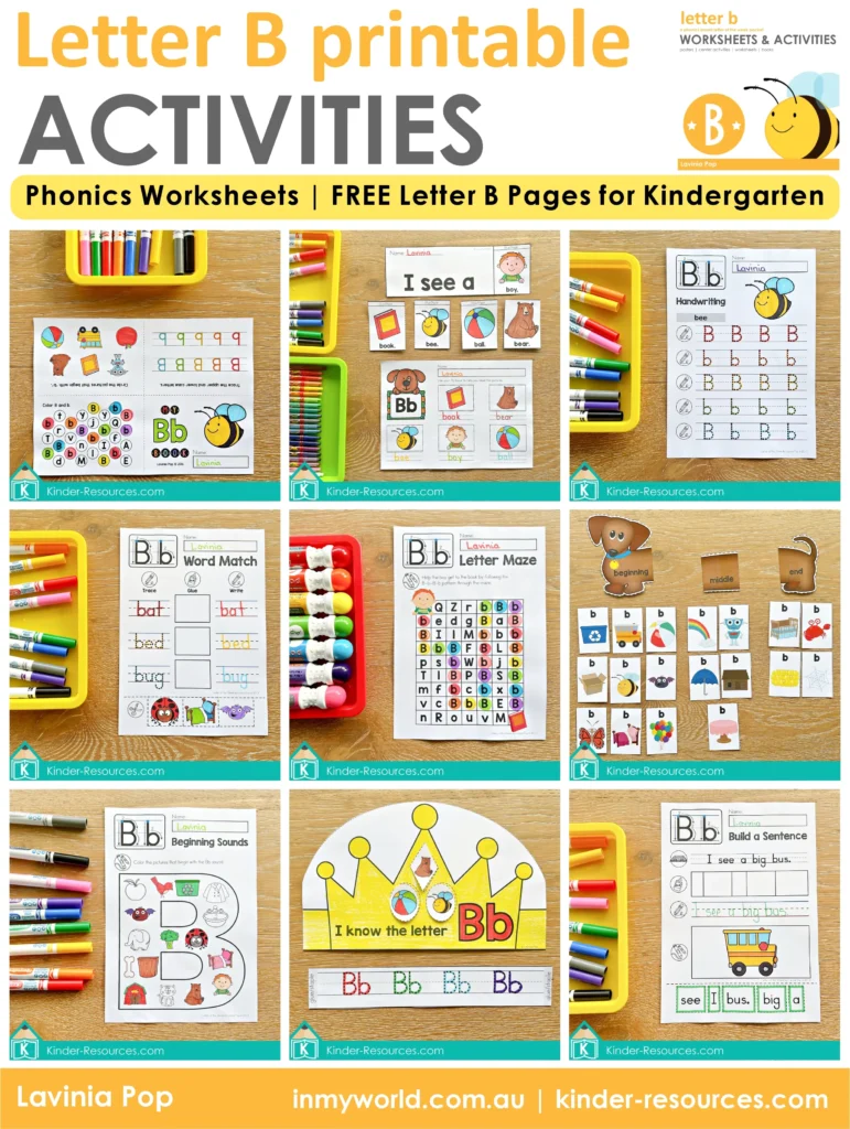 Letter B printable activities for kindergarten featuring fun and engaging phonics worksheets, handwriting pages, letter maze, beginning sounds, crown craft, and free Letter B pages to download.