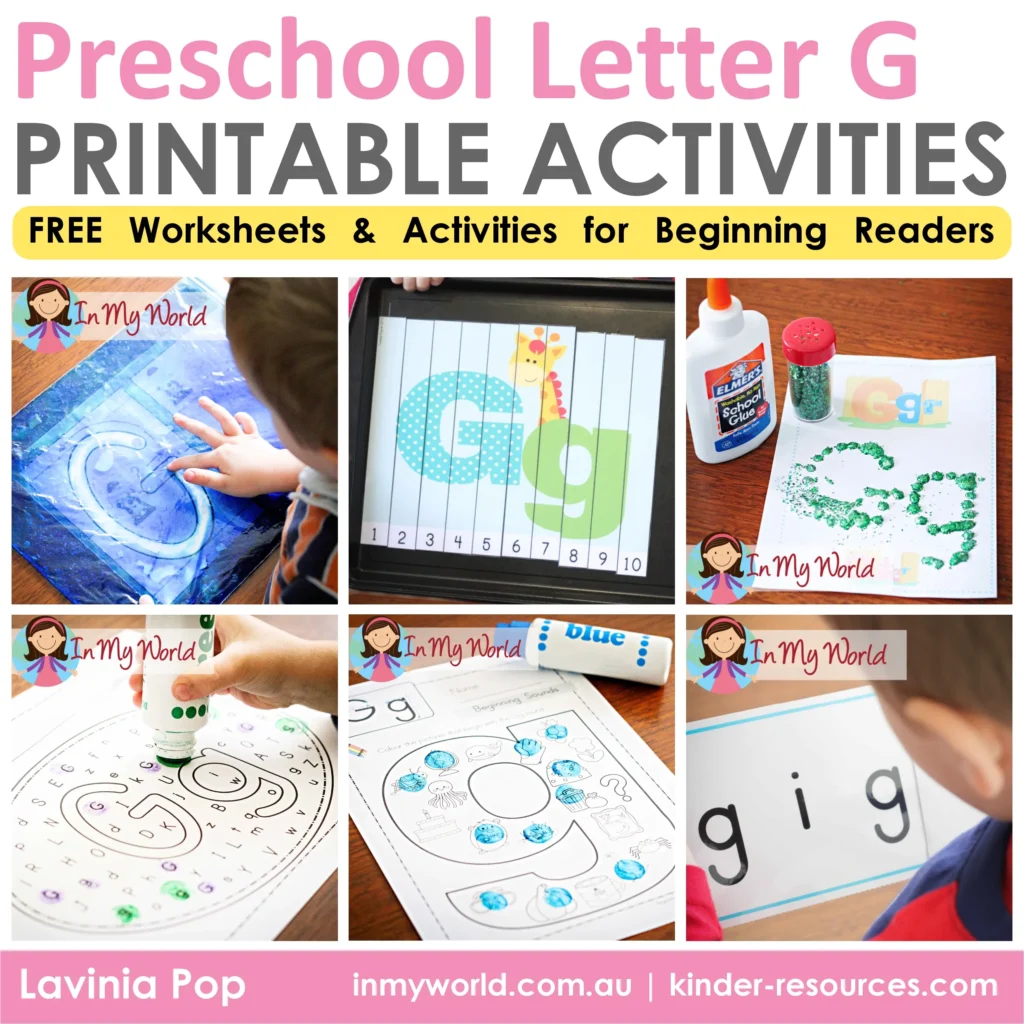 Free Printable letter G alphabet worksheets and activities for preschool and kindergarten. Perfect for teaching letter recognition, phonics, and early reading through tracing, crafts, and CVC word building.