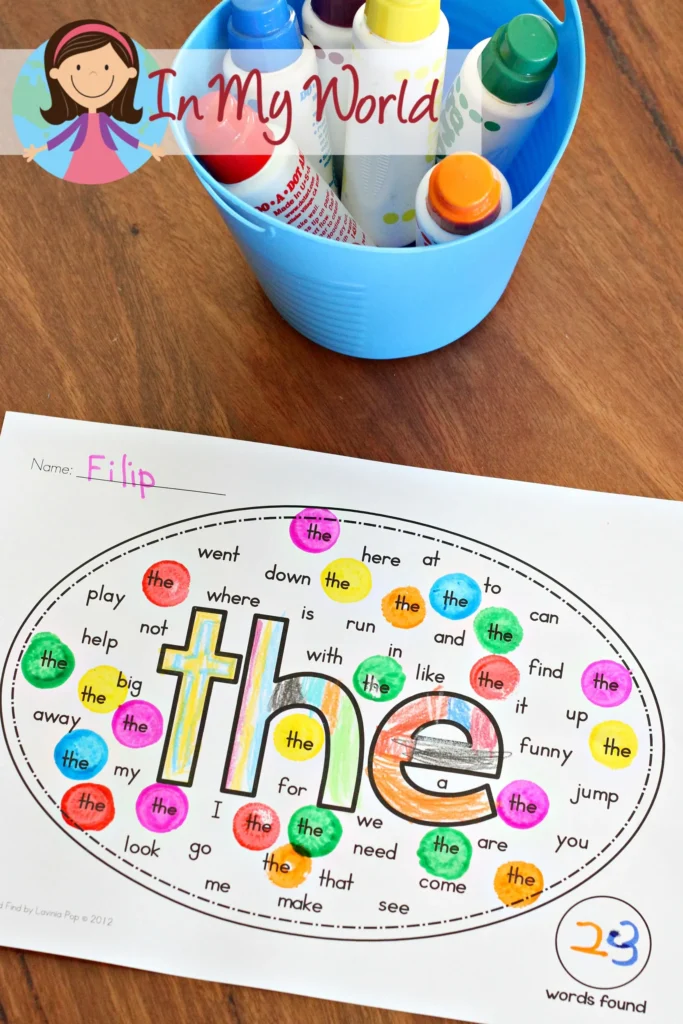 Sight Words Word Find Worksheet | Pre-primer sight word word find worksheet for kindergarten and preschool. Fun hands-on literacy activity using bingo daubers to practice high-frequency words. Perfect for teachers, homeschool parents, and literacy centers.