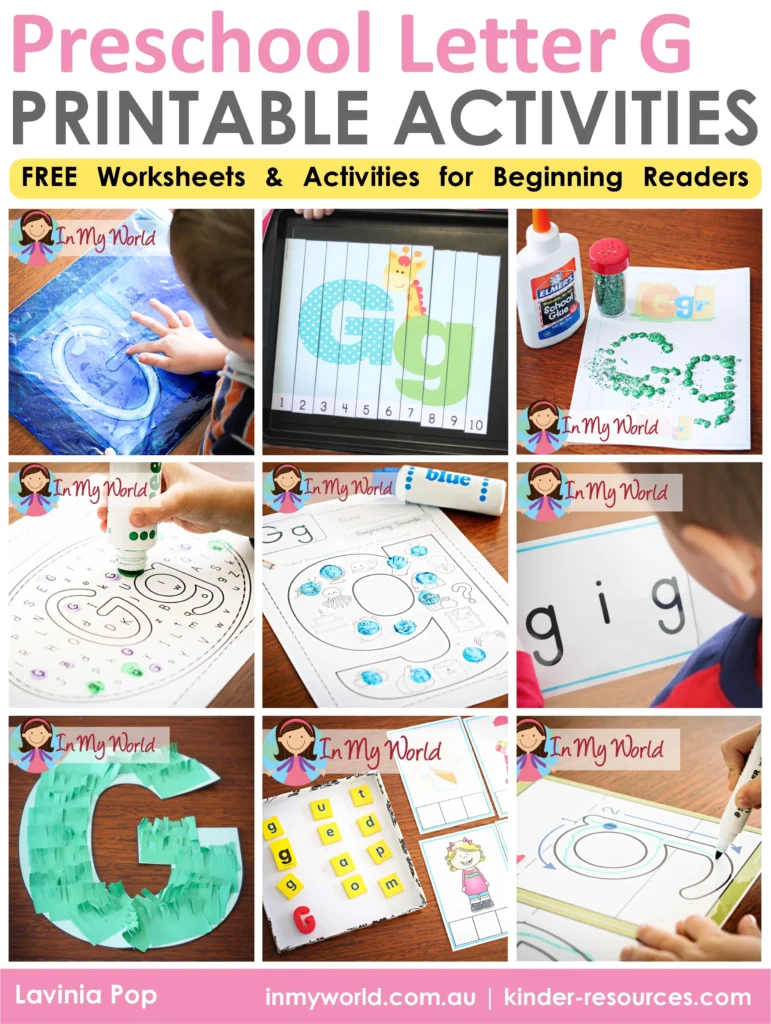 Free printable preschool letter G activities and worksheets to teach alphabet recognition, beginning sounds, and early reading skills. Includes crafts, letter tracing, CVC word building, and hands-on literacy activities.