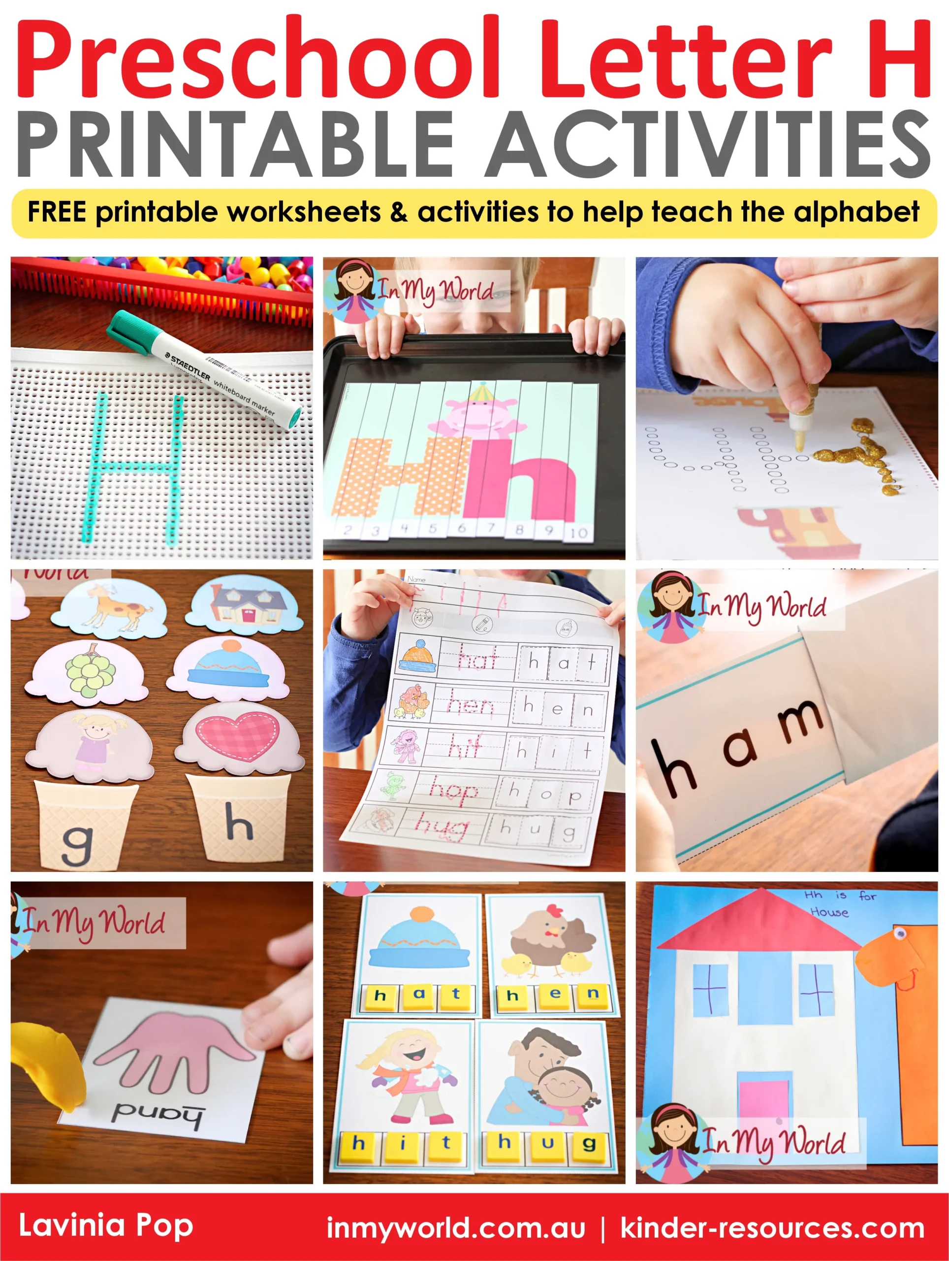 Preschool Letter H printable worksheets and activities for teaching the alphabet. Includes free play dough mats, letter find worksheets, CVC word puzzles, and hands-on alphabet learning printables for preschool and kindergarten.