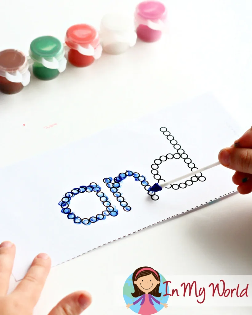 Q-tip Sight Word Painting Activity for Kids | Engaging sight word practice where children paint inside letter dots using Q-tips to develop fine motor control. Free printable available on the blog.