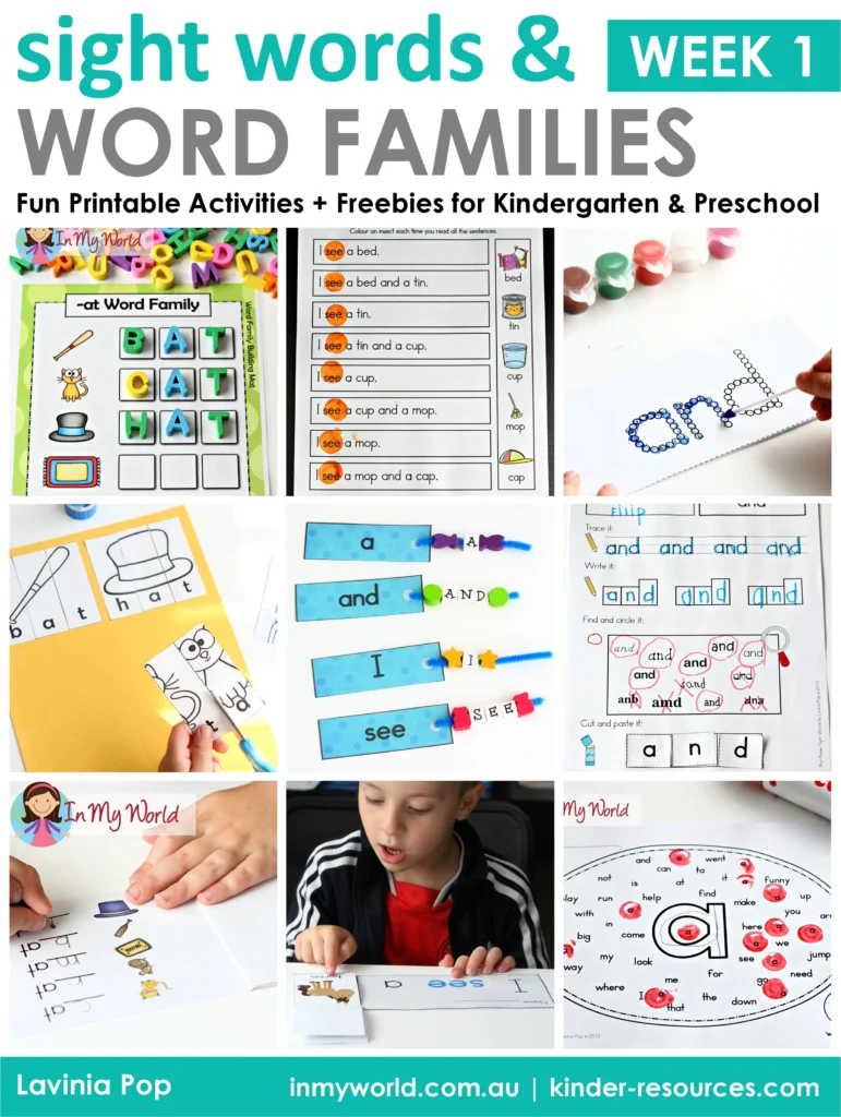 Sight Word and Word Family Activities Week 1 with free printables to help children build reading fluency using sight words and CVC words. Includes word building mats, cut-and-paste activities, and Q-tip painting. Download freebies on the blog.