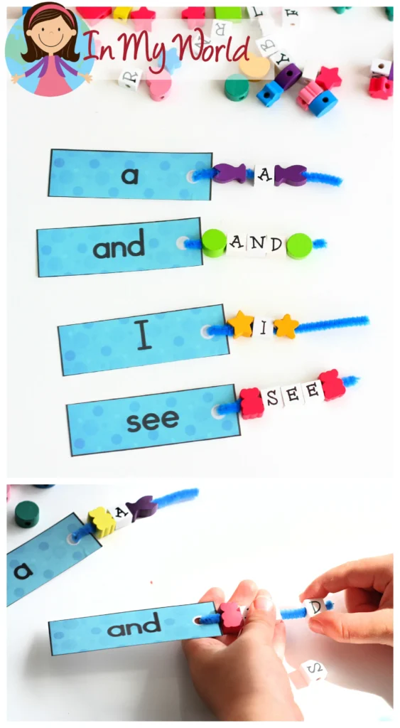 Sight Word Bead Building Activity for Beginners | Hands-on sight word activity where children build words using letter beads and pipe cleaners to strengthen fine motor skills. Free printable available on the blog.