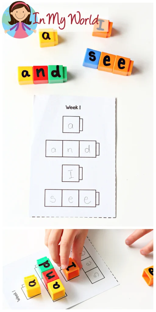 Building Sight Words with Letter Cubes Activity | Early literacy activity where children build sight words using letter cubes to support hands-on learning. Free printable available on the blog.