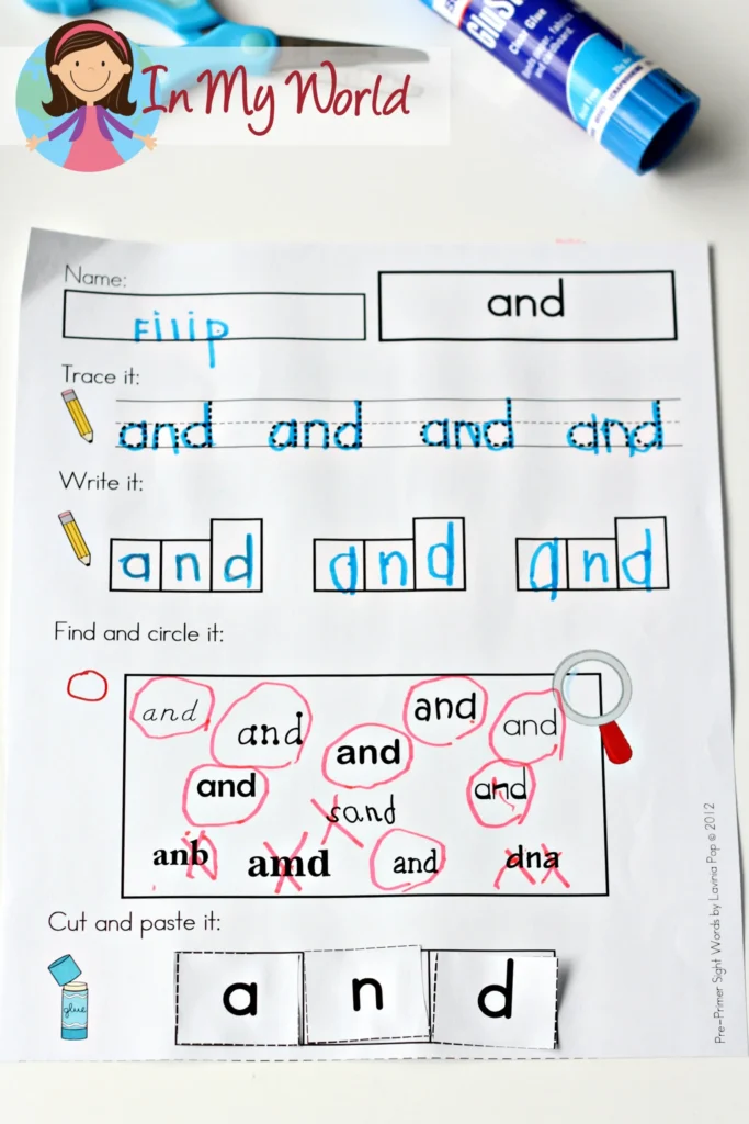 Cut and Paste Sight Word Worksheet for Beginners | Printable sight word worksheet with tracing, writing, cutting, and pasting to reinforce high-frequency word recognition. Free printable available on the blog.