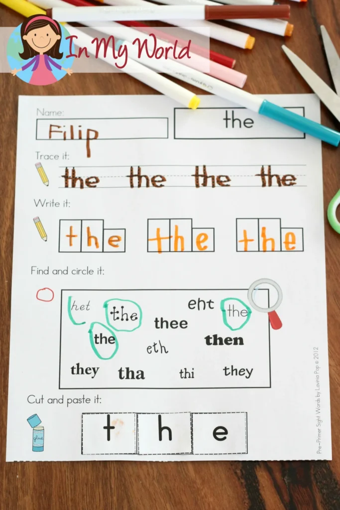 ight Word Cut and Paste Worksheet | Cut and paste sight word worksheet for preschool, kindergarten, and homeschool. Children practice correct letter sequence and spelling patterns to build early reading and writing skills. Freebies available to download on the blog.