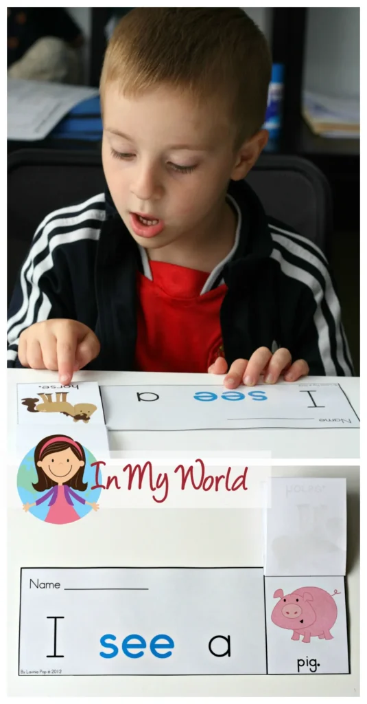 Sight Word Fluency Flip Book for Early Readers | Child reading from a sight word fluency flip book that combines sight words with simple CVC words for decoding practice. Free printable available on the blog.