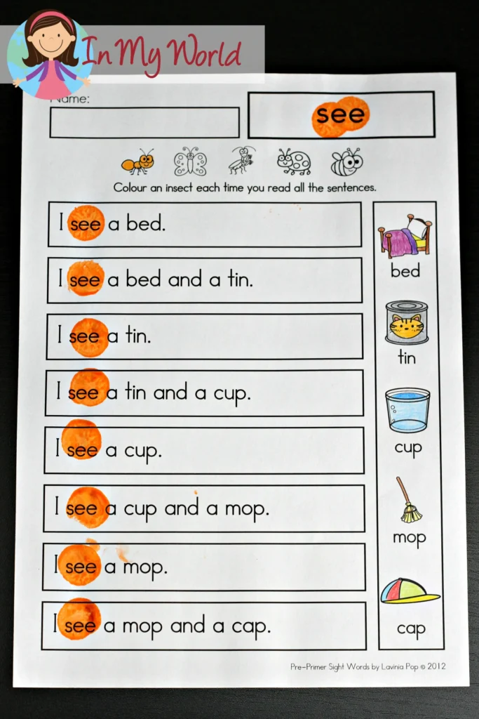 Sight Word Reading Fluency Practice Page | Printable reading fluency page where children highlight sight words and read simple sentences with CVC words. Free printable available on the blog.