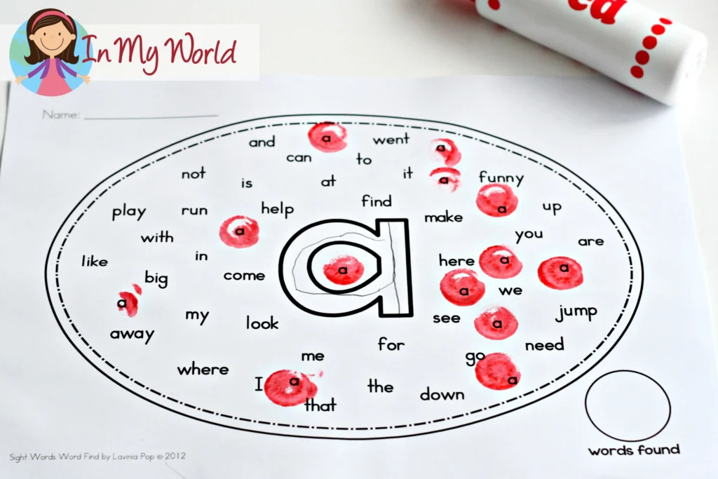 Sight Word Bingo Dauber Activity for Kindergarten | Fun sight word recognition activity using a bingo dauber to find and mark the target word on a printable worksheet. Free printable available on the blog.