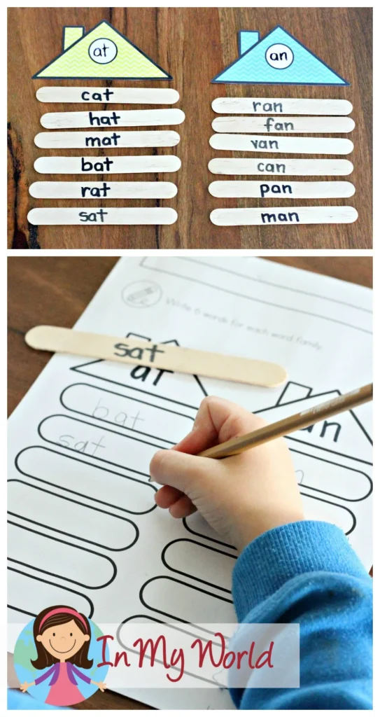 Word Family Popsicle Stick Sorting Game | DIY word family sorting game using popsicle sticks and roof templates. Fun, hands-on phonics activity for preschool, kindergarten, and homeschool students to learn CVC words. Freebies available to download on the blog.