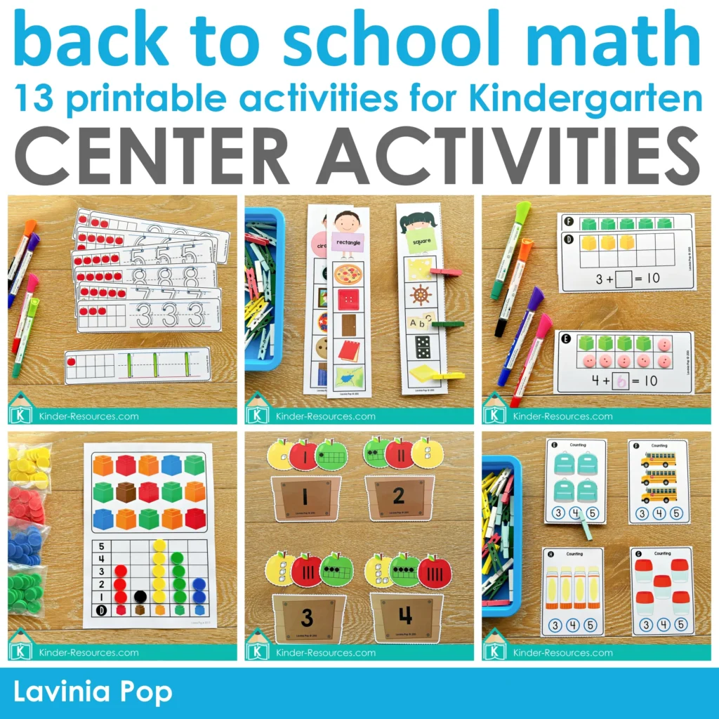 Back to School Kindergarten Math Centers | 13 Printable Activities | Numbers | Counting Shapes | Addition | Number Sense | Sorting | Patterns | Number Order