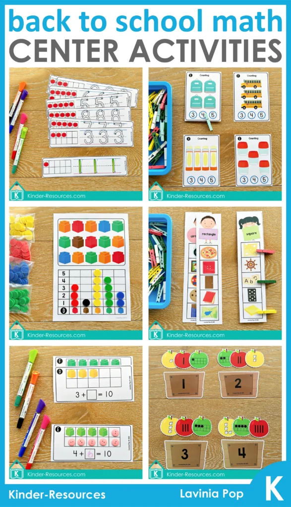 Back to School Kindergarten Math Centers | 13 Printable Activities | Numbers | Counting Shapes | Addition | Number Sense | Sorting | Patterns | Number Order