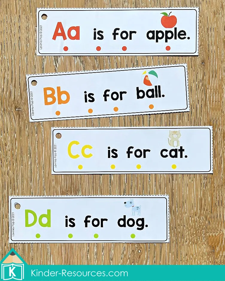 Printable alphabet reading fluency strips for preschool and kindergarten. Each strip features predictable text such as “A is for apple” to help children connect letters to sounds and build early reading confidence. Perfect for literacy centers, small groups, and morning tubs. Free sample pages available on the blog.