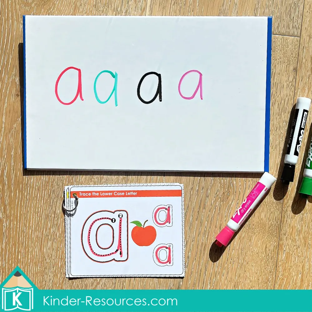 Printable lowercase letter tracing cards for kindergarten morning bins and handwriting practice. Students trace each lowercase letter with a dry-erase marker to strengthen fine motor skills and letter recognition. Ideal for literacy centers or small groups. Free sample download on the blog.