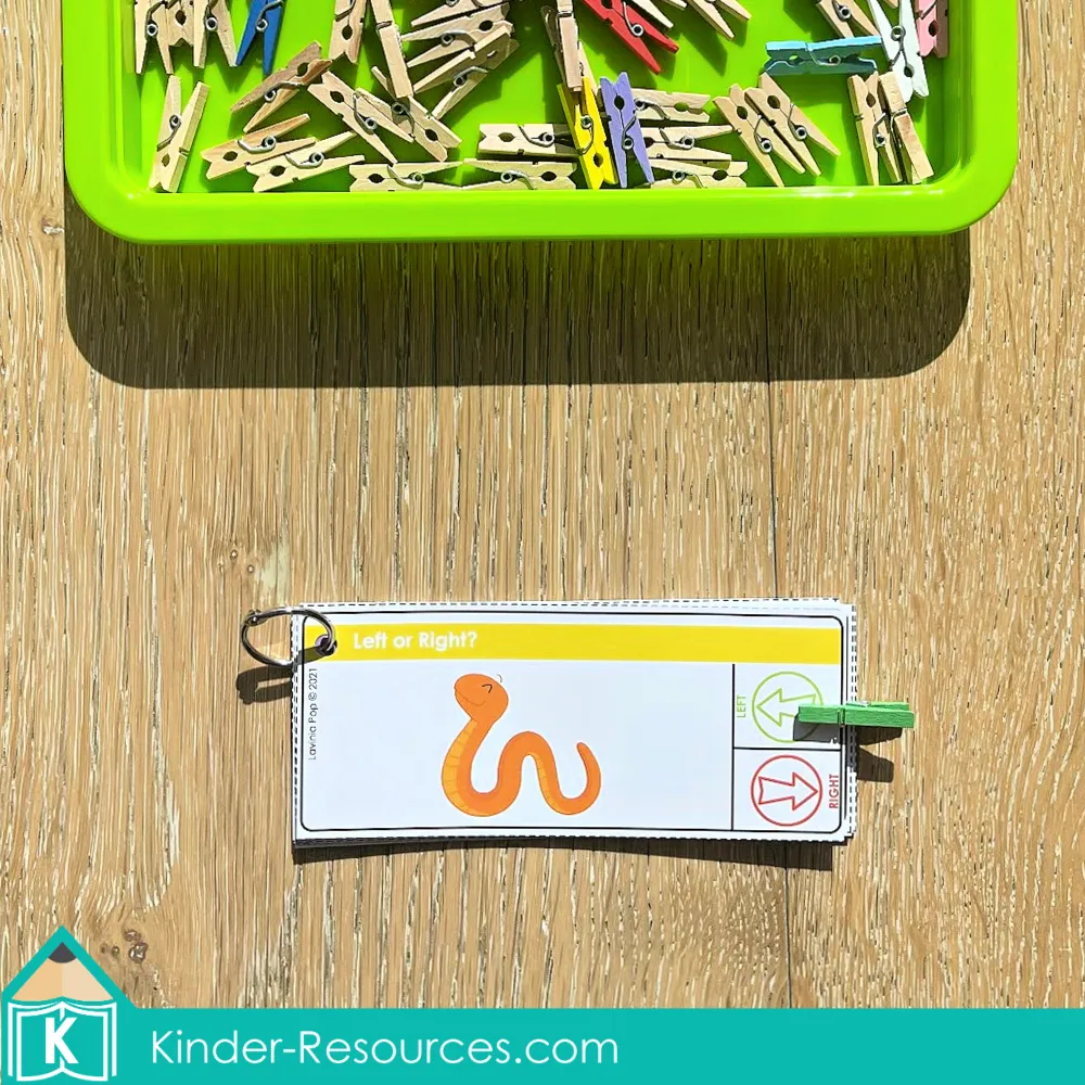 Printable left and right direction activity for preschool and kindergarten. Children look at the picture and clip the correct arrow to show which way the object is facing. Builds spatial awareness, directionality, and fine motor skills. Ideal for morning tubs, math or literacy centers, and small group practice. Free sample pages available on the blog.