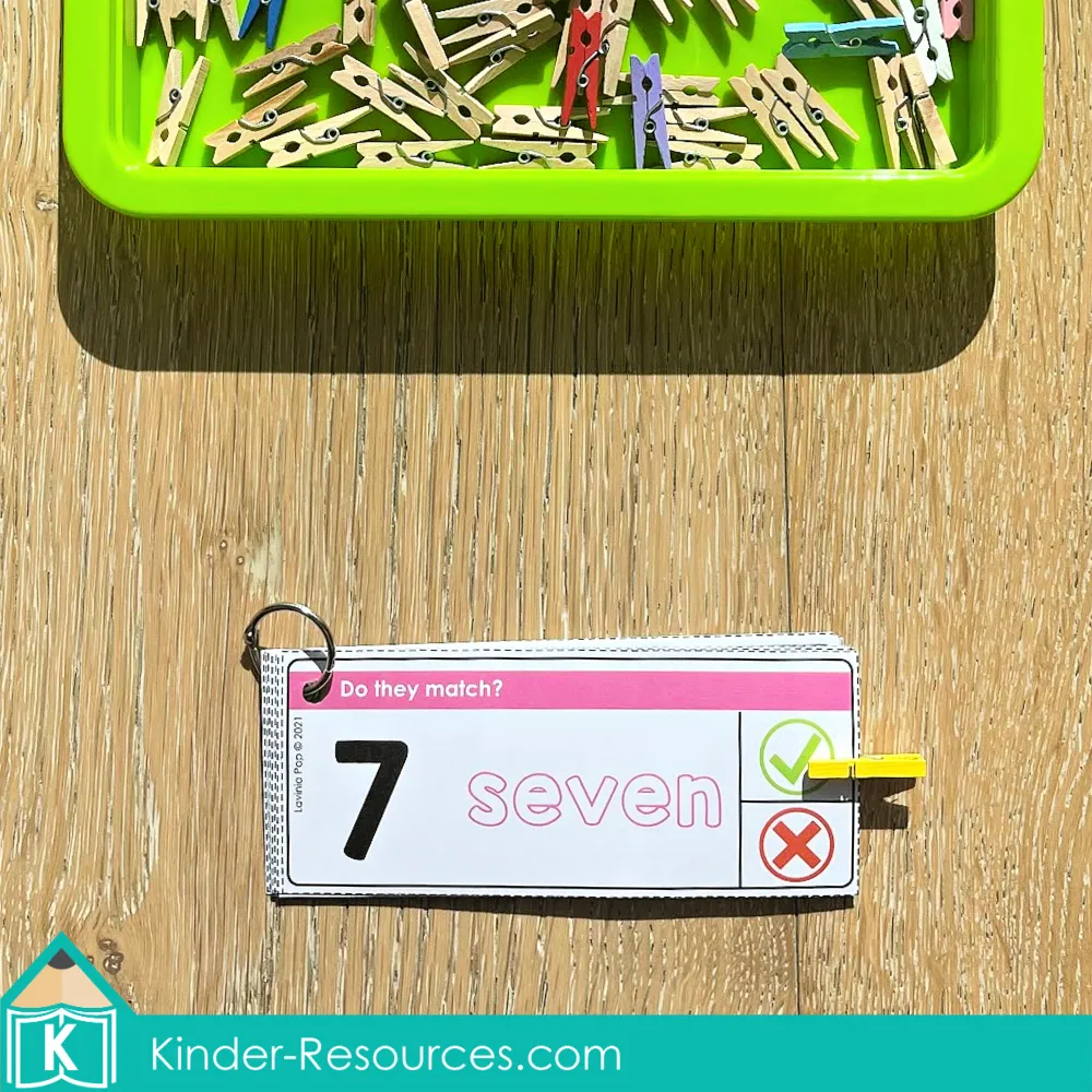 Printable number word matching activity for preschool and kindergarten. Children look at the number word and the numeral, then clip to show if they match. Supports number recognition, reading number words, and early math fluency. Perfect for morning tubs, math centers, or small group practice. Free sample pages available on the blog.