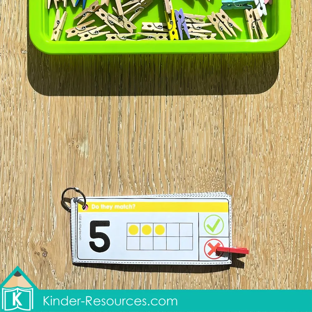 Printable math activity for preschool and kindergarten morning tubs. Children look at the numeral and the ten frame, then clip to show if they match. Builds subitizing, counting, and number recognition skills. Perfect for math centers, independent work, or small groups. Free sample pages available on the blog.