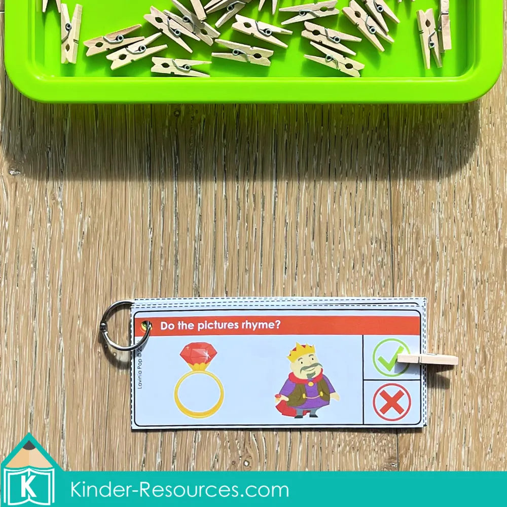 Printable rhyming words activity for preschool and kindergarten. Children look at two pictures, decide if they rhyme, and clip the correct answer. A fun hands-on phonics activity for morning tubs, literacy centers, or small group rhyming practice. Free sample pages available on the blog.