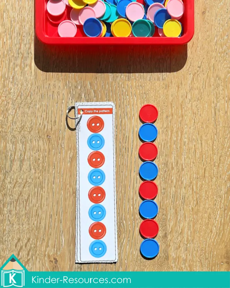 Printable patterning activity for preschool and kindergarten. Children use colored buttons (or other manipulatives) to copy the pattern shown on the card. Builds sequencing, color recognition, and fine motor skills. Perfect for math centers, morning tubs, or small group work. Free sample pages available on the blog.