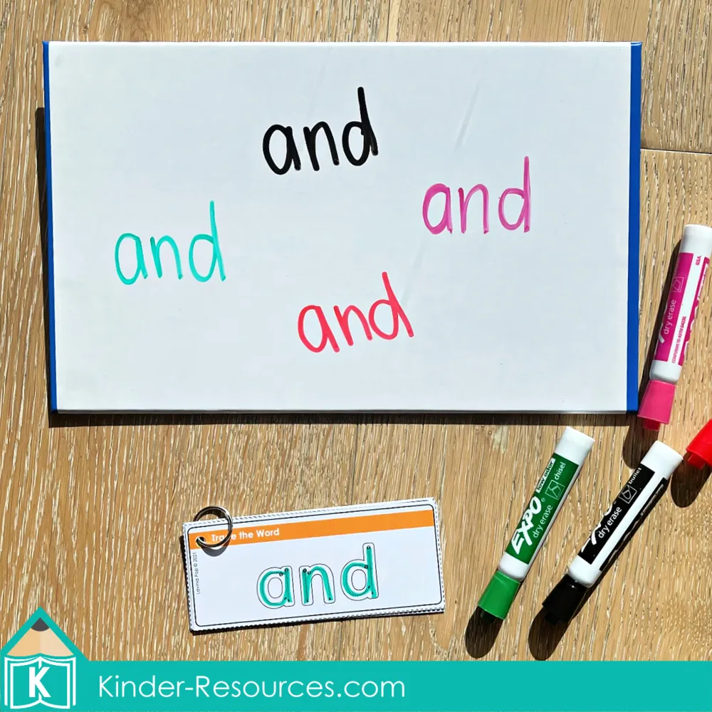 Printable sight word tracing activity for preschool and kindergarten. Children trace each high-frequency word with a dry-erase marker to build handwriting fluency and word recognition. Perfect for morning tubs, literacy centers, or small group practice. Free sample pages available on the blog.