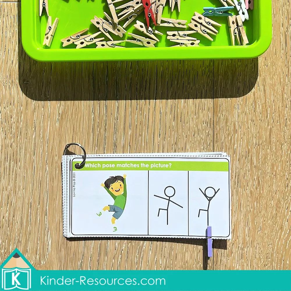 Printable visual discrimination activity for preschool and kindergarten. Children look at the picture and clip the stick figure that matches the pose. A fun hands-on center for building attention to detail, visual perception, and fine motor skills. Perfect for morning tubs or small groups. Free sample pages available on the blog.