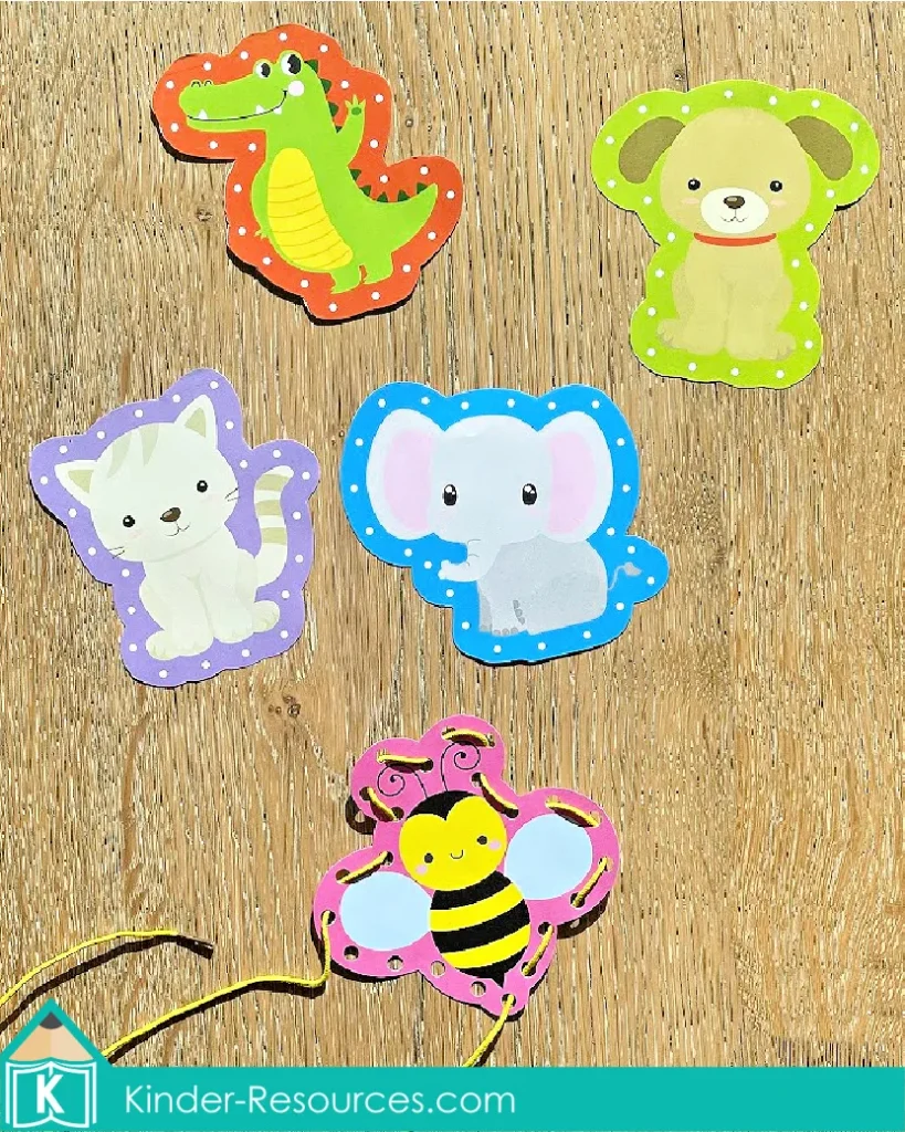 Printable alphabet lacing cards for preschool and kindergarten morning tubs. Children thread yarn or shoelaces through the holes to practice fine motor control and letter recognition. Perfect for morning tubs, literacy centers, or quiet independent work. Free sample pages available on the blog.