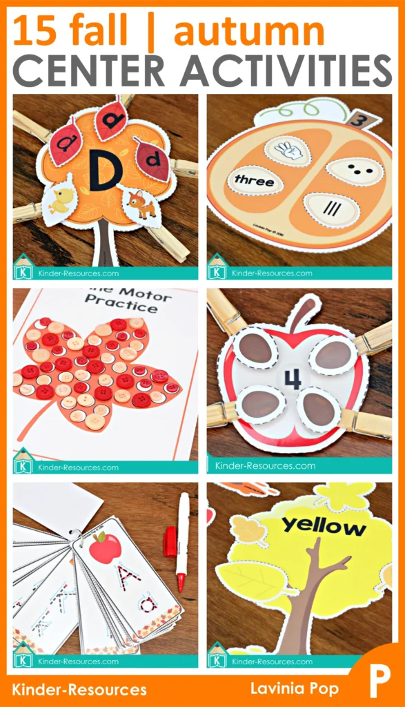 Fall preschool center activities including alphabet matching with leaves, pumpkin seed number sense sorting, leaf fine motor mat with buttons, apple seed counting, alphabet tracing cards, and autumn color sorting tree activity. Download free sample pages on the blog!