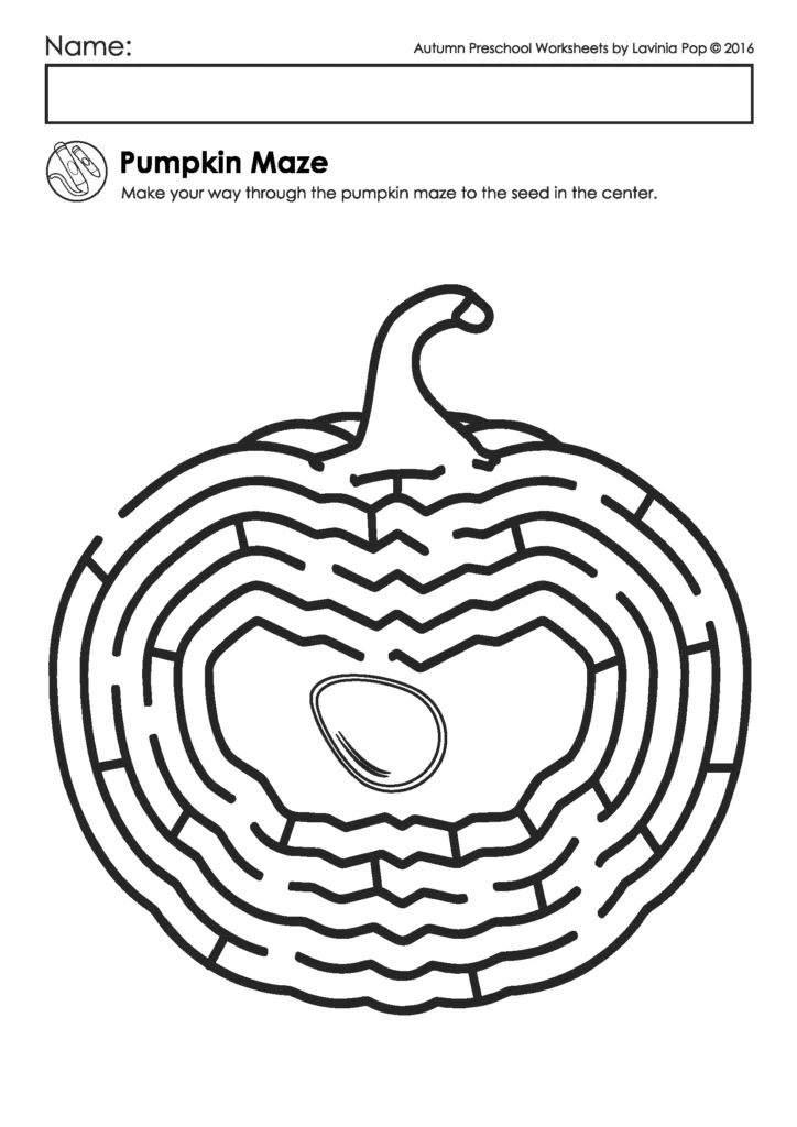 Free printable pumpkin maze worksheet for preschool where children trace through the maze to reach the seed in the center.