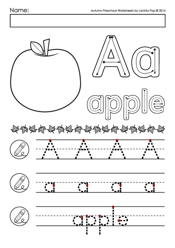 Free preschool autumn worksheet for tracing uppercase and lowercase A, coloring an apple, and handwriting practice.