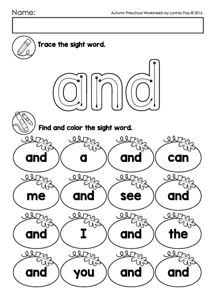 Free printable fall preschool worksheet for the sight word “and” with tracing, finding, and coloring pumpkin-themed words.