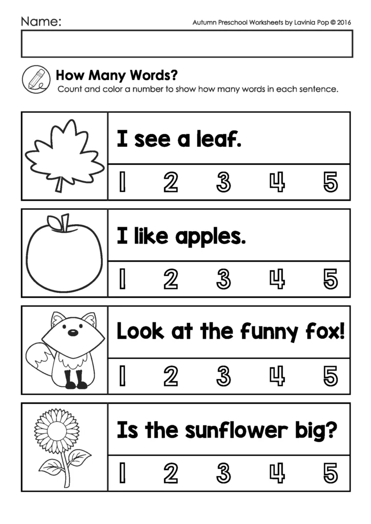 Free preschool fall worksheet where children count and color the number of words in autumn-themed sentences with leaf, apple, fox, and sunflower illustrations.