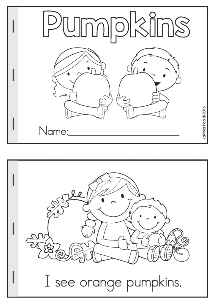 Free fall printable emergent reader book for preschool with simple pumpkin sentences and illustrations to color.