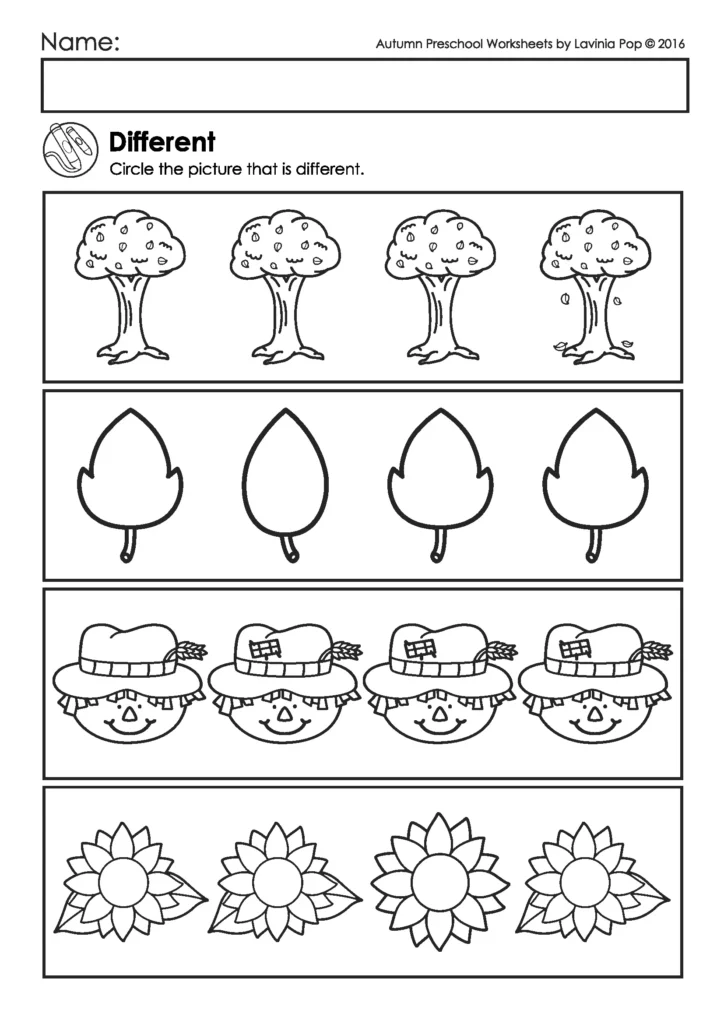Free fall preschool printable where children circle the picture that is different, featuring trees, leaves, scarecrows, and sunflowers.