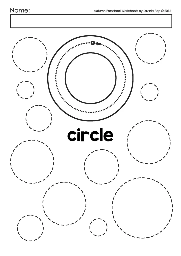 Free printable preschool fall worksheet for tracing circle shapes with large and small dotted circles.