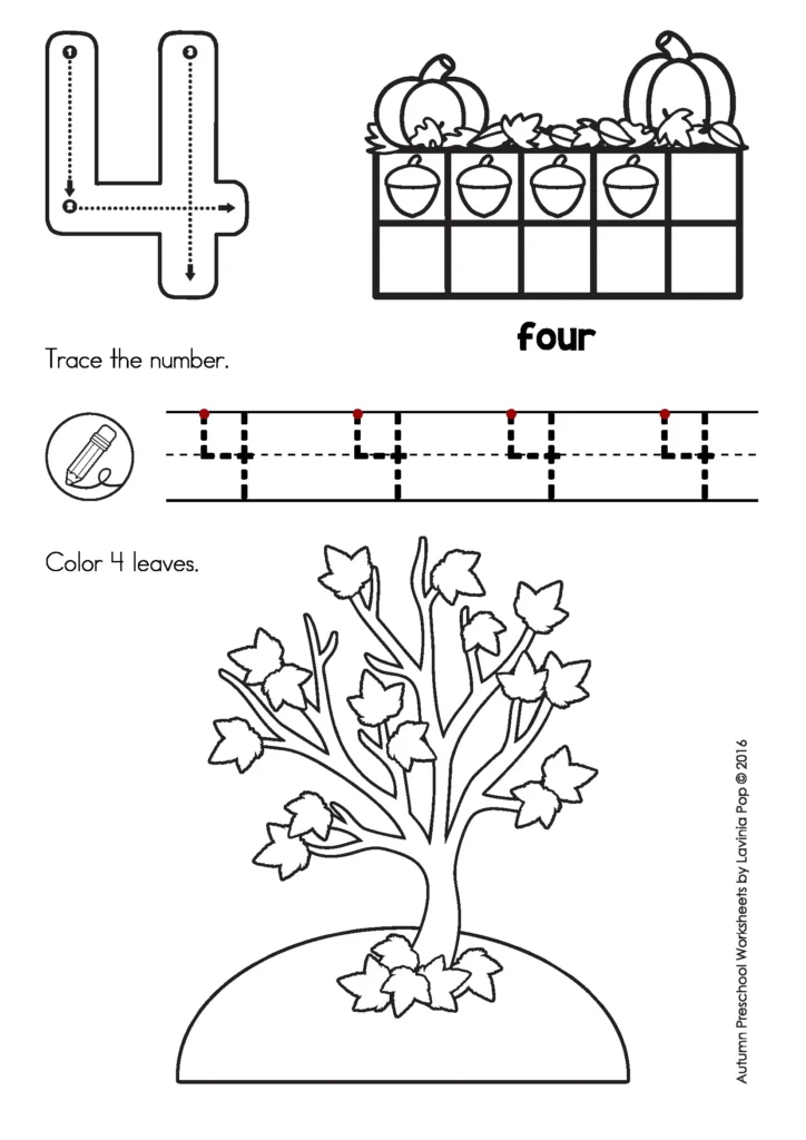 Free preschool fall worksheet for tracing number 4, coloring leaves, and counting pumpkins and acorns in a ten frame.