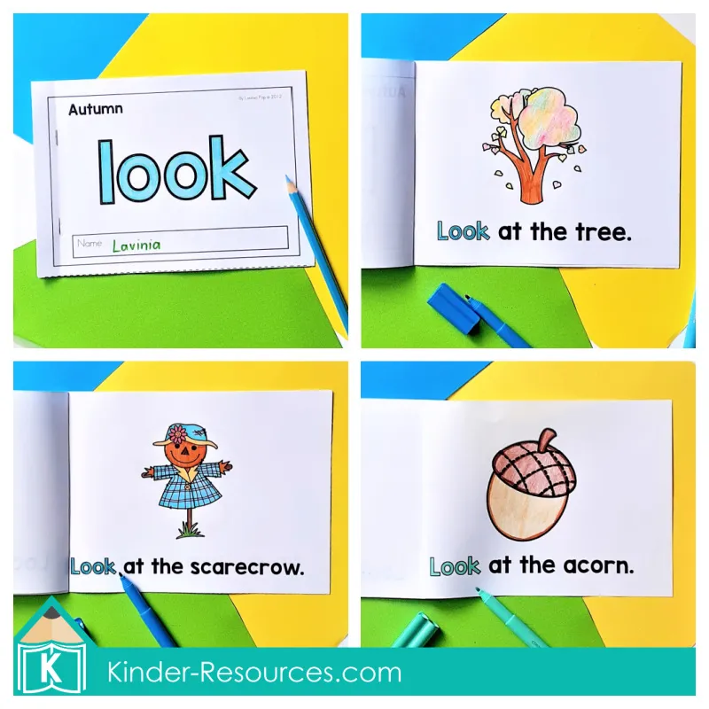 Autumn sight word reader booklet for the word look with traceable word cover and pages that say Look at the tree, Look at the scarecrow, and Look at the acorn