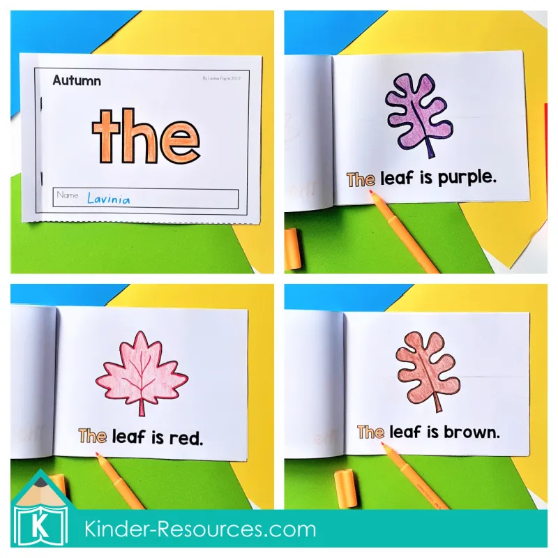 Autumn sight word reader booklet for the word the with colored leaf pages reading The leaf is purple, The leaf is red, and The leaf is brown