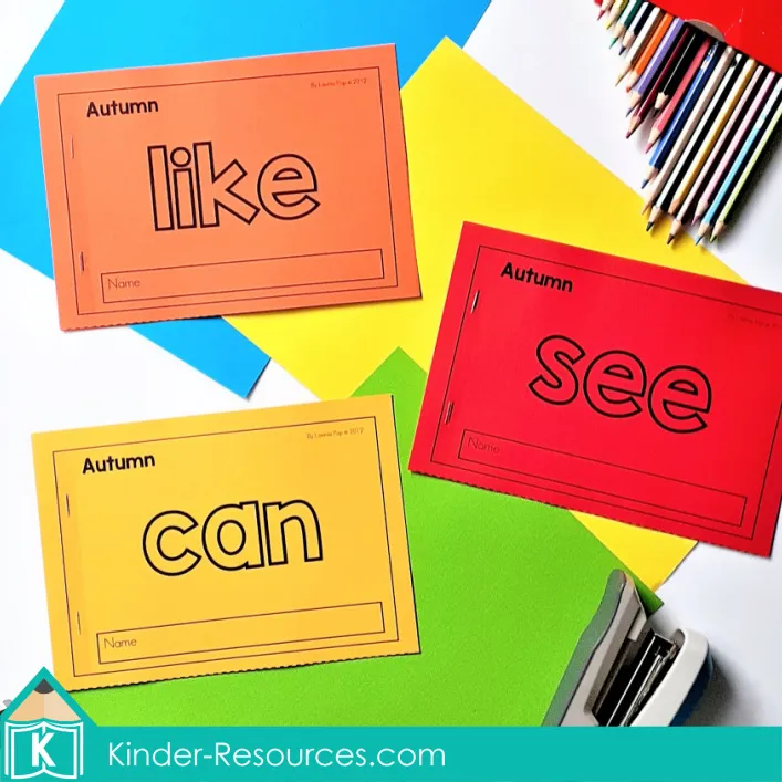 Autumn sight word readers with three printable fall mini books for the words like, see, and can