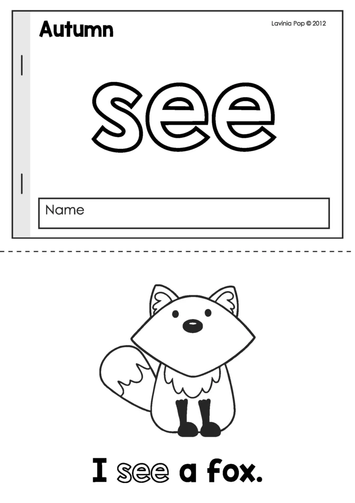 Autumn sight word reader mini book for the word “see,” with page showing “I see a fox,” free download from the blog for preschool and kindergarten.