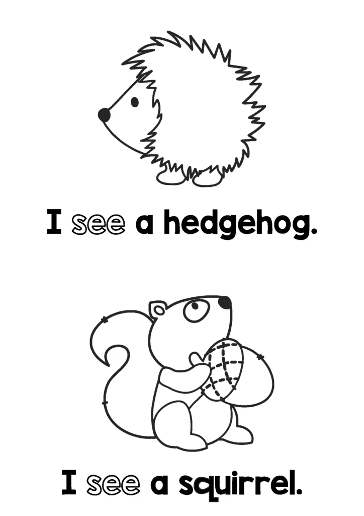 Fall sight word reader page with sentences “I see a hedgehog” and “I see a squirrel,” included in the free autumn mini book download from the blog.