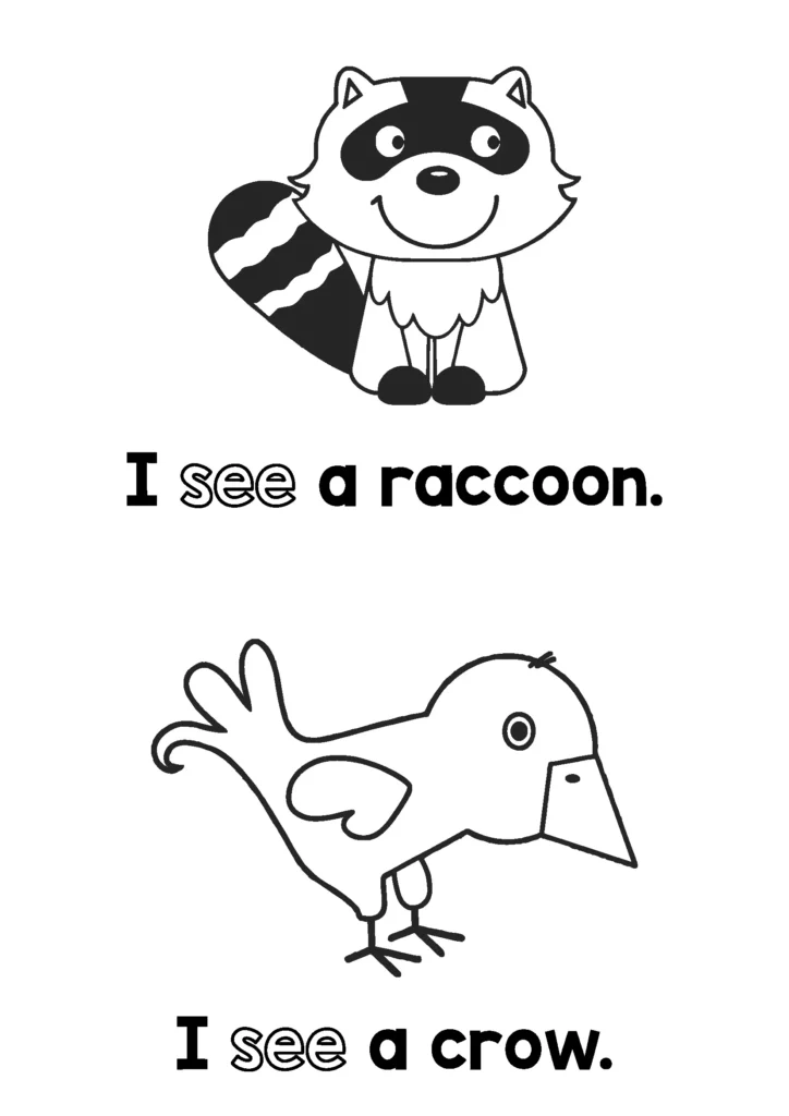 Printable autumn sight word reader page with sentences “I see a raccoon” and “I see a crow,” available to download for free from the blog.