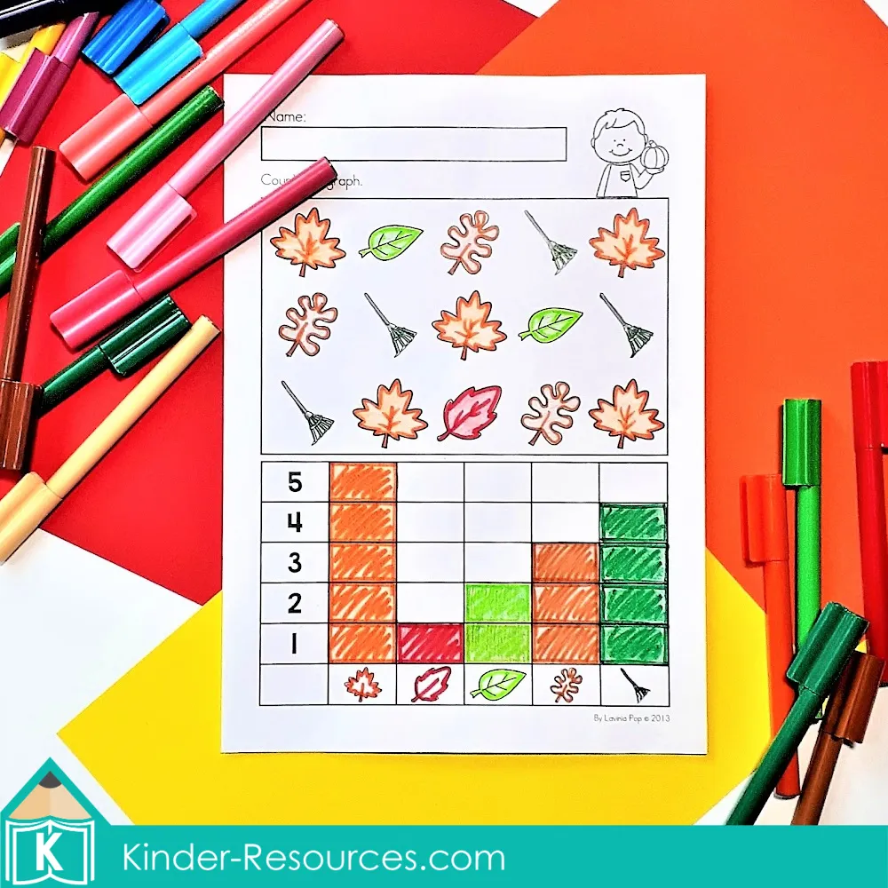 Fall kindergarten math worksheet where children count leaves and rakes, color the tally chart, and complete a graphing activity.