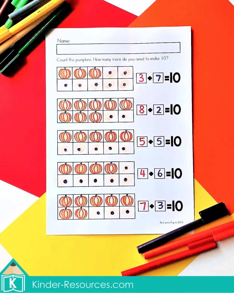 Kindergarten fall worksheet using pumpkin ten frames where children practice making 10 and solving simple addition equations.