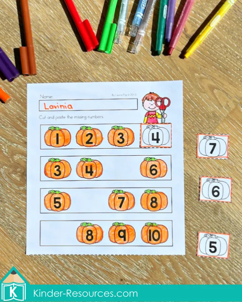 Pumpkin missing numbers worksheet for kindergarten where children cut and paste the missing numbers to complete number sequences.