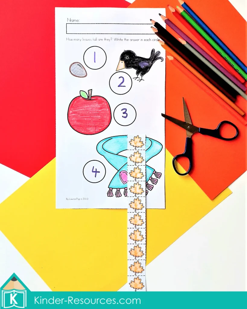 Fall math worksheet for kindergarten where children measure autumn objects using a leaf measuring strip to explore early measurement.