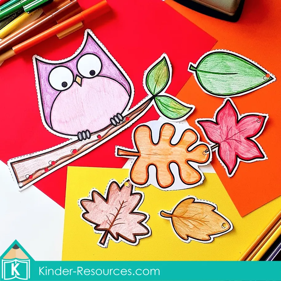 Preschool fall craft with cut and color owl and leaves for fine motor skills and autumn classroom decorations.