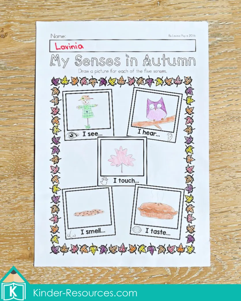 My senses in autumn worksheet for preschool showing spaces to draw things children see, hear, touch, smell, and taste during fall.